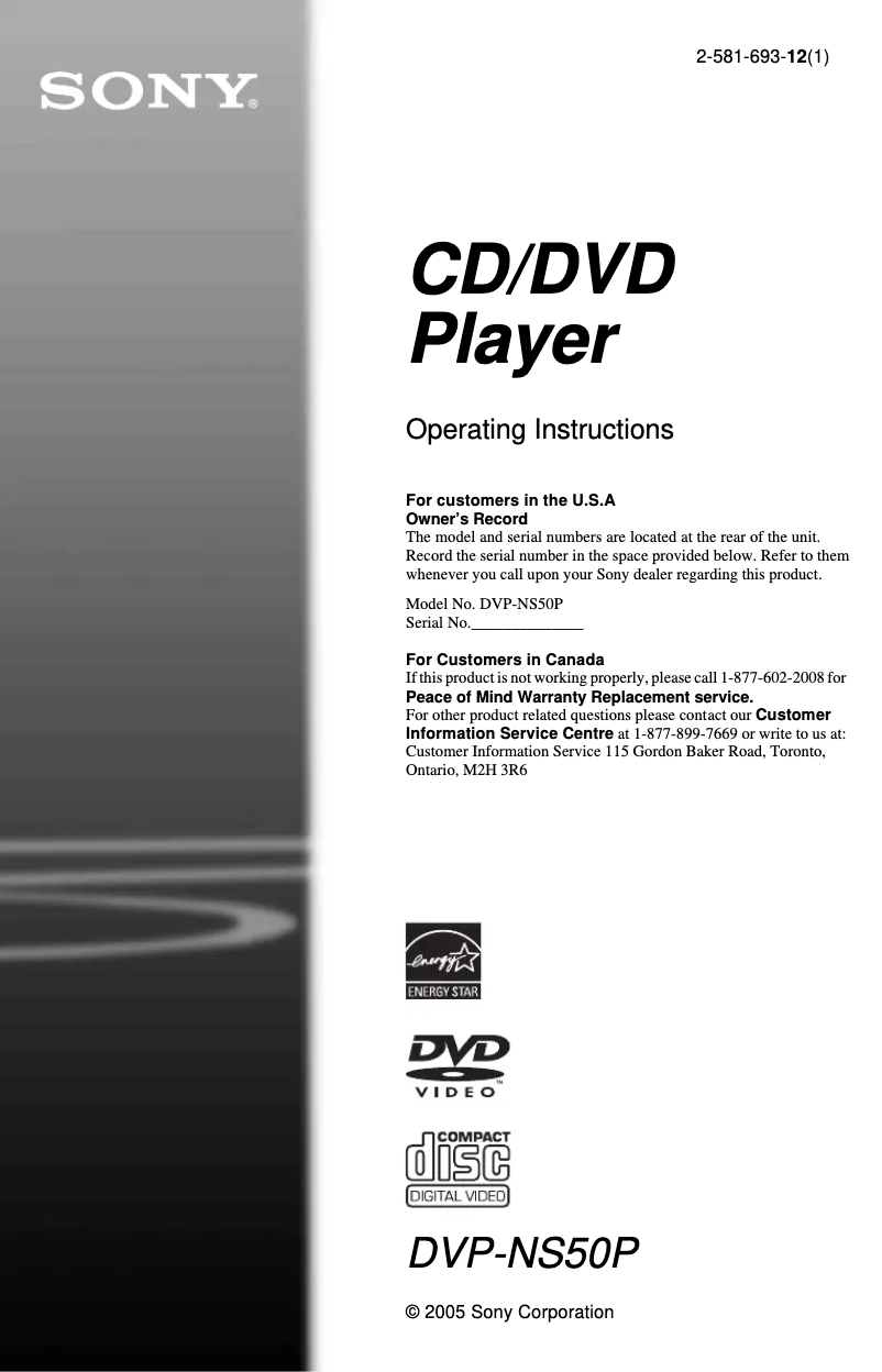 Page n°1 - Manuel utilisateur Sony DVP-NS50P