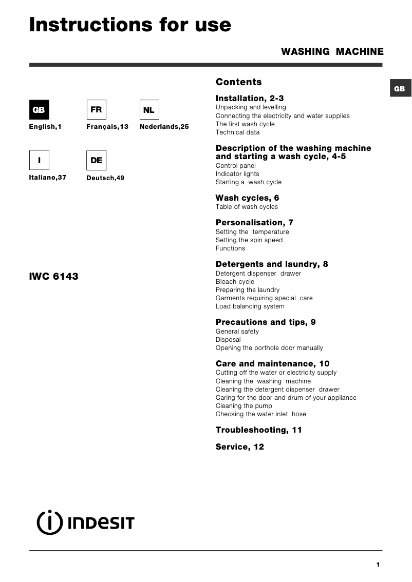 Image de la première page du manuel de l'appareil IWC 6143 (EU)