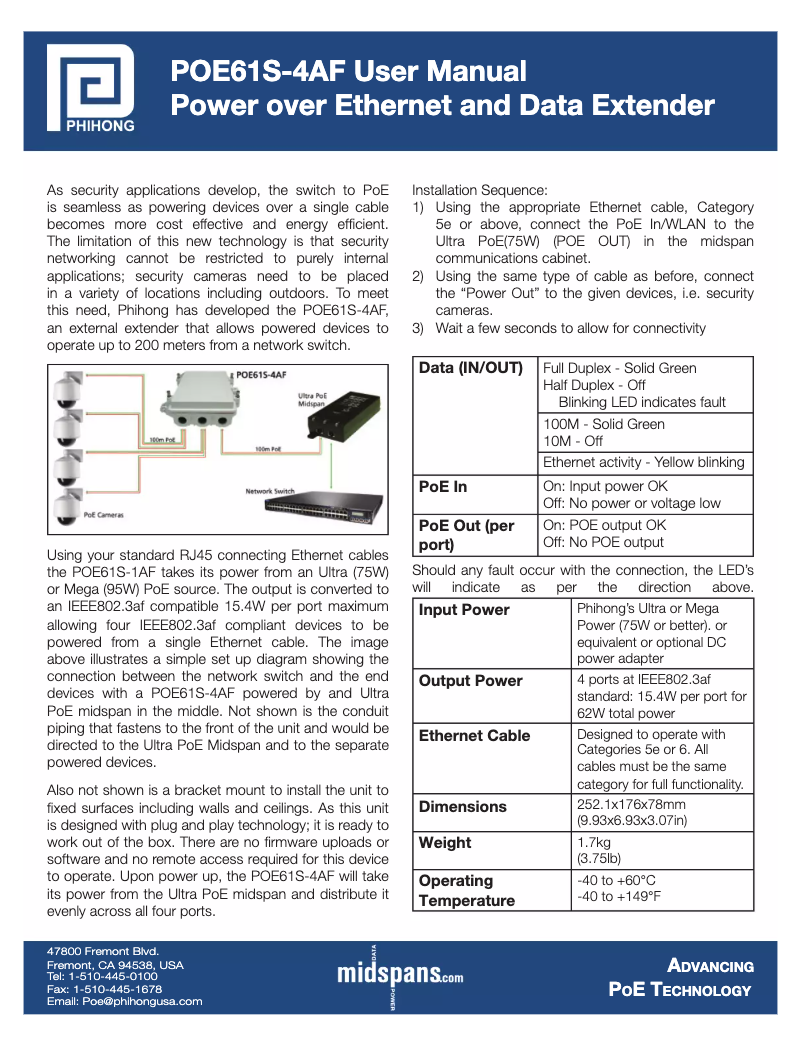 Page 1 de la notice Manuel utilisateur Phihong POE61S-4AF