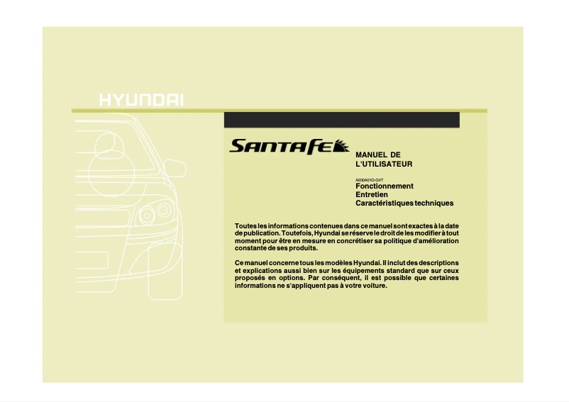 Page 1 de la notice Manuel utilisateur Hyundai Santa Fe (2008)