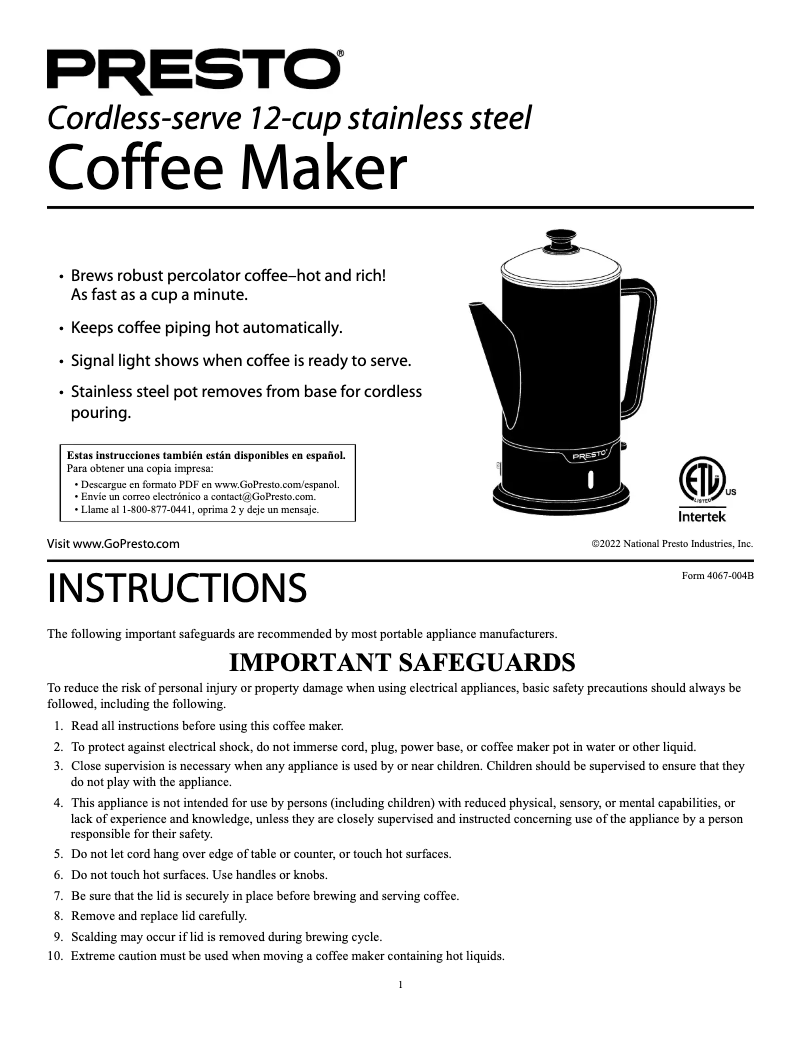 Page 1 de la notice Manuel utilisateur Presto 02815