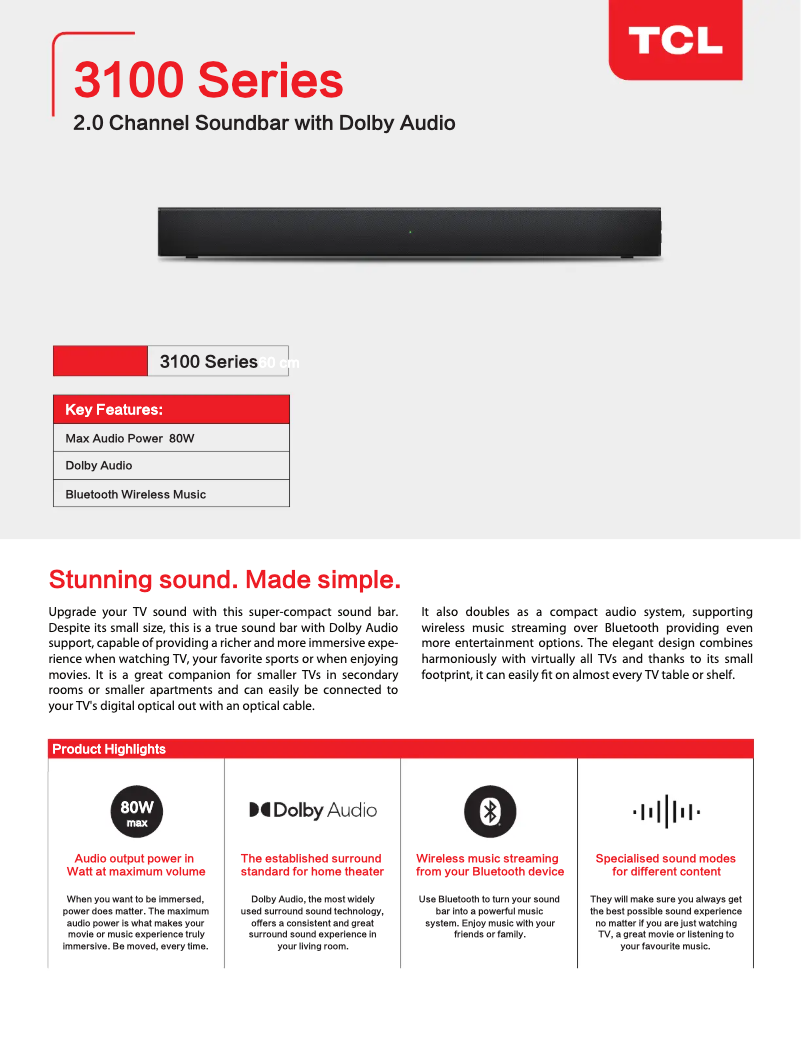 Page 1 de la notice Fiche technique TCL TS3100