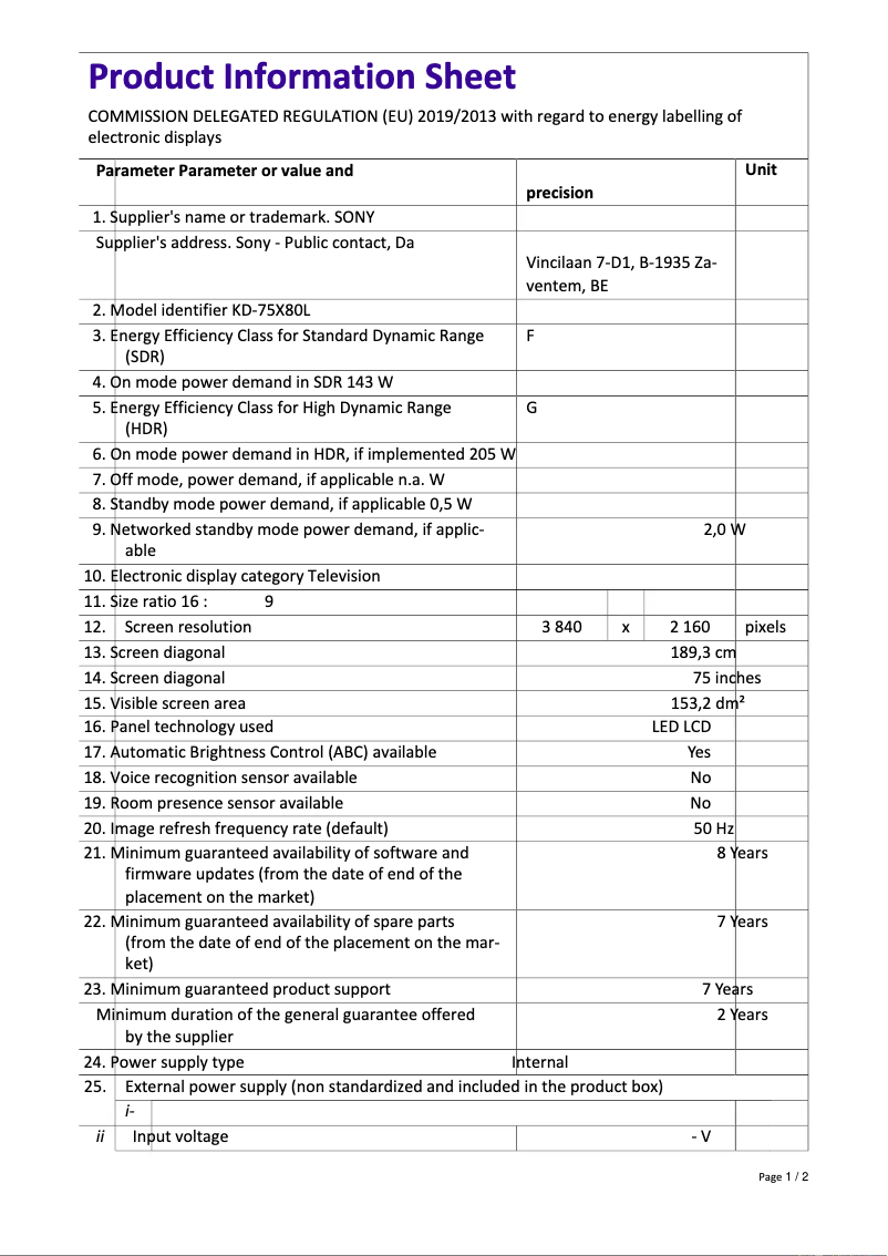 Page n°1 - Fiche technique Sony KD-75X80L