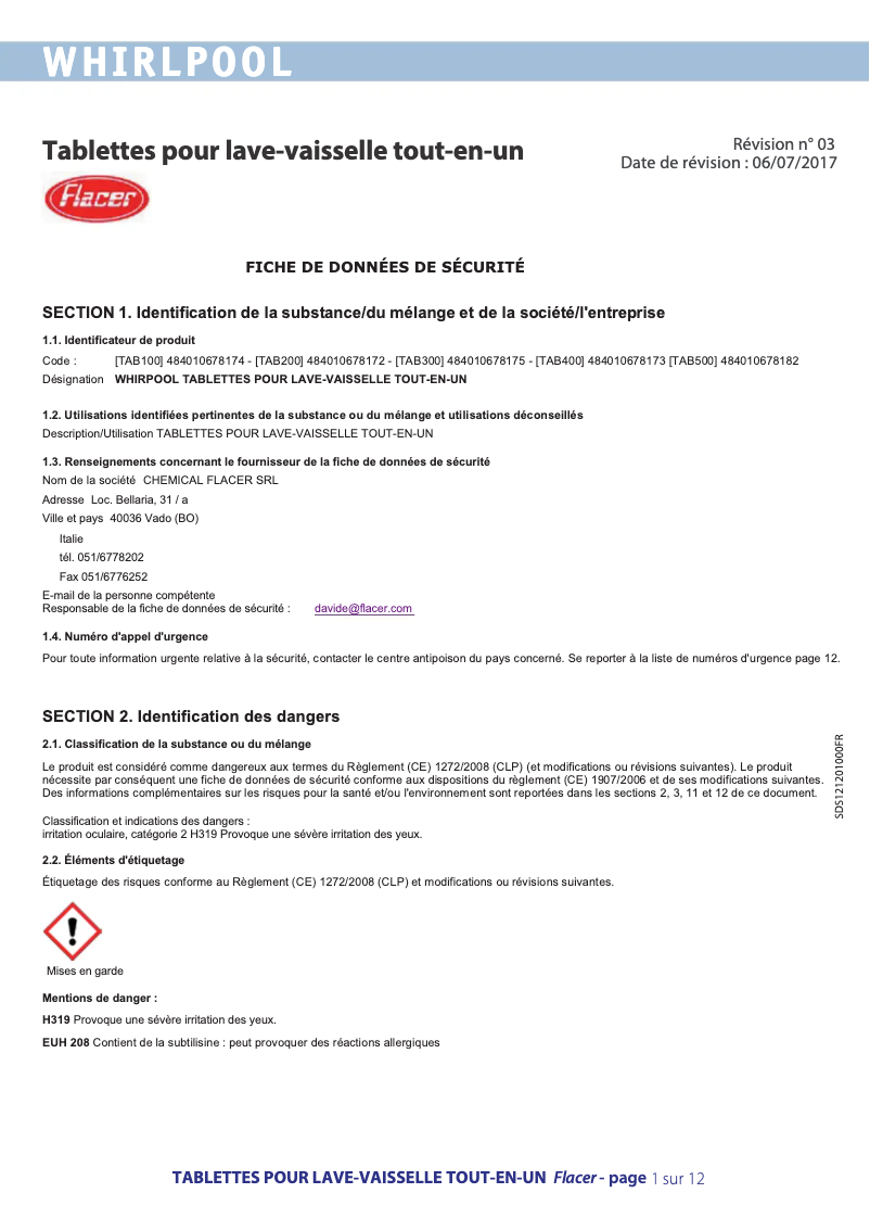 Page 1 de la notice Manuel utilisateur Bauknecht TAB100