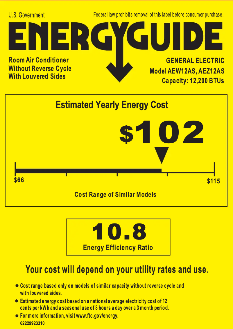 Page 1 de la notice Label énergétique GE AEW12AS