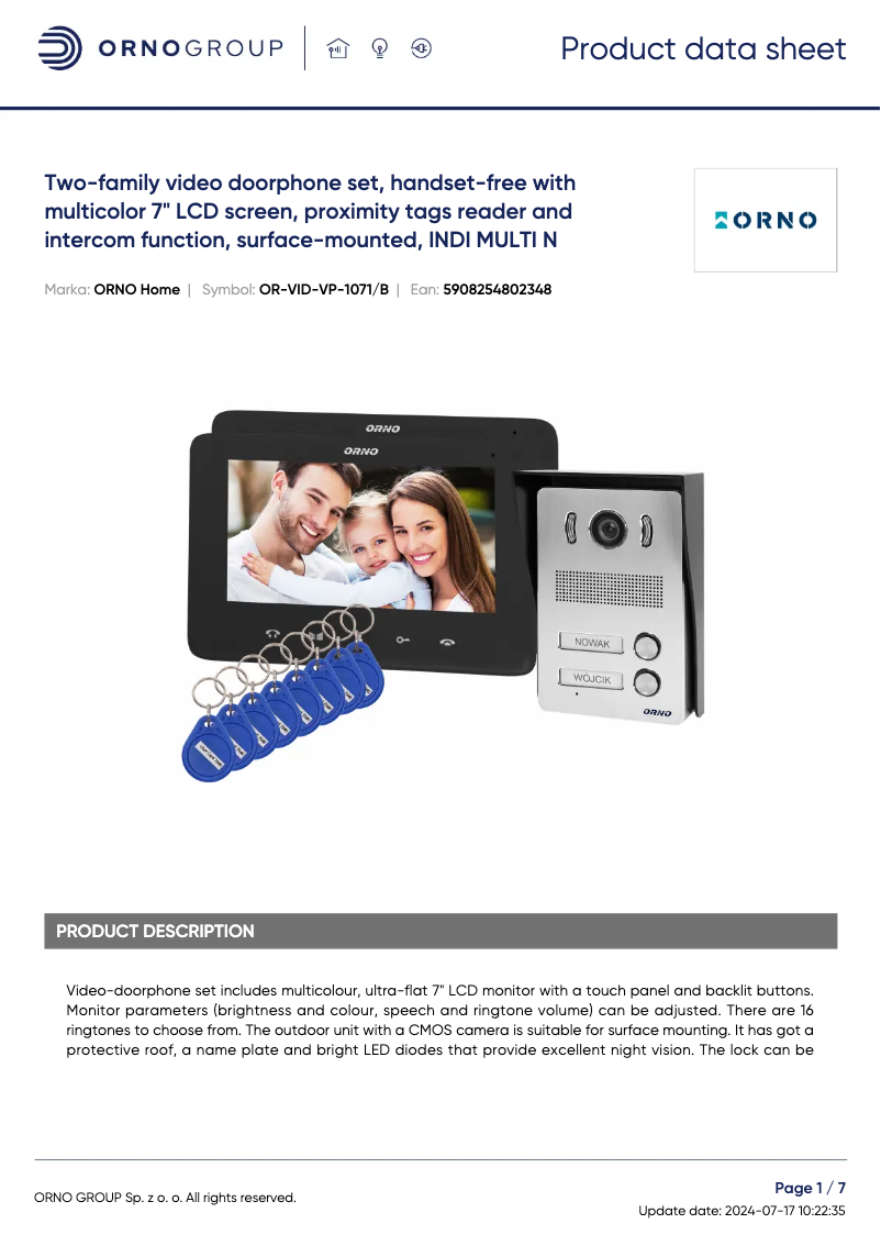 Page 1 de la notice Fiche technique Vibell OR-VID-VP-1071