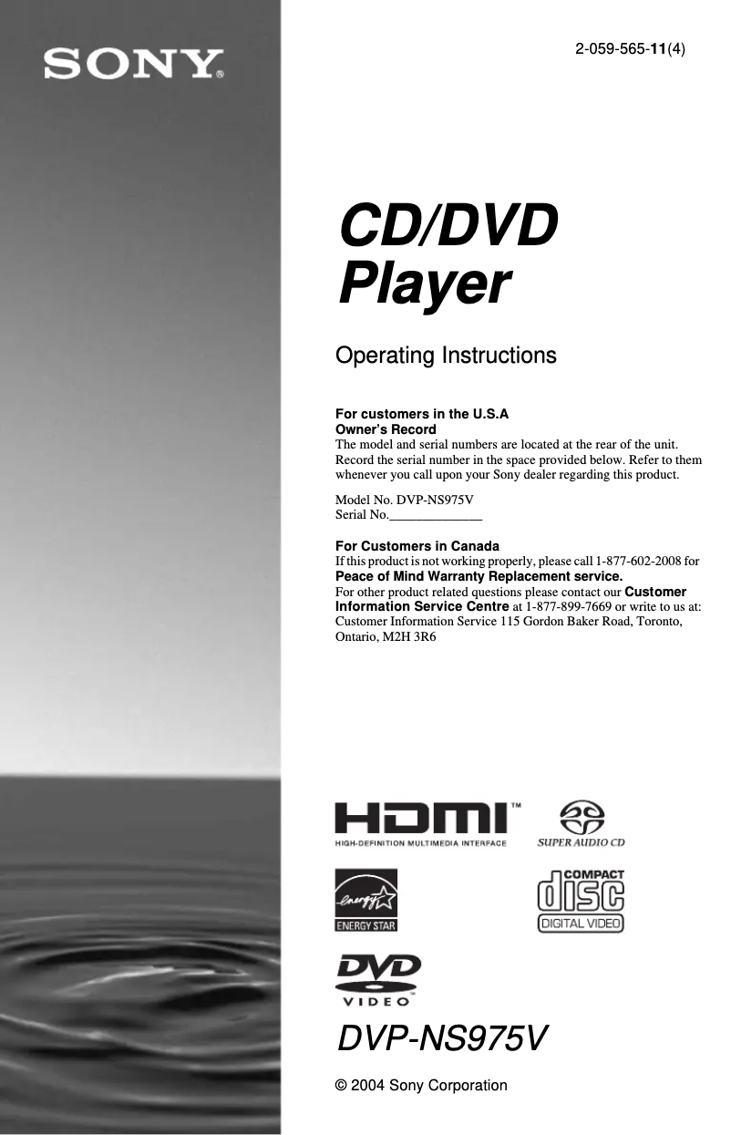 Page 1 de la notice Manuel utilisateur Sony DVP-NS975V