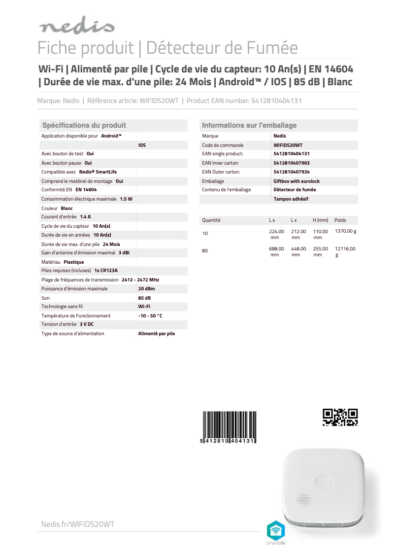 Page n°1 - Fiche technique Nedis WIFIDS20WT