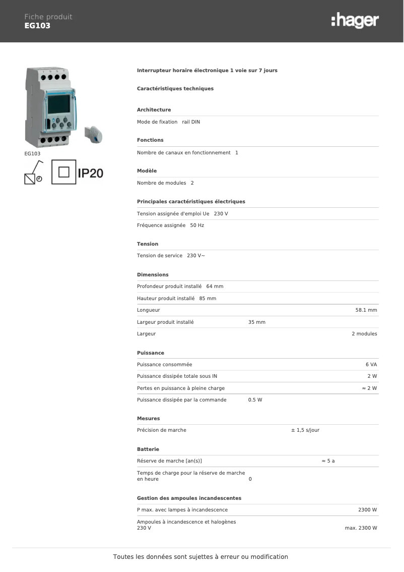 Page 1 de la notice Fiche technique Hager EG103