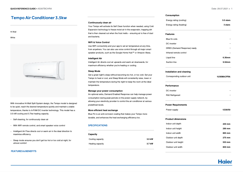 Page 1 de la notice Fiche technique Haier AS35TBCHRA