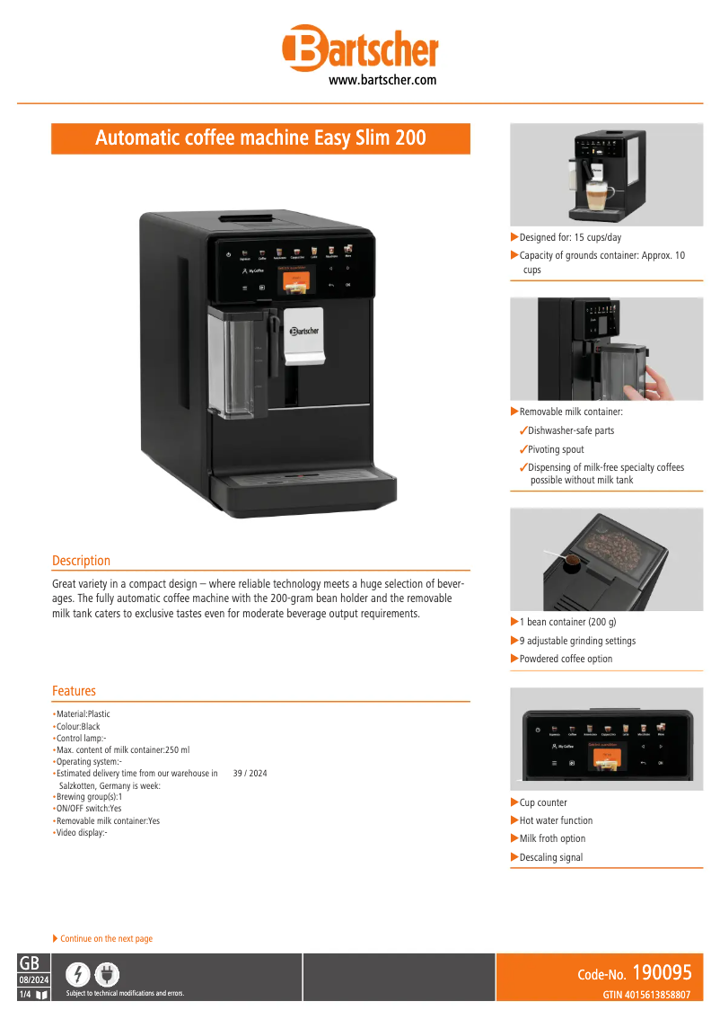 Page n°1 - Fiche technique Bartscher Easy Slim 200