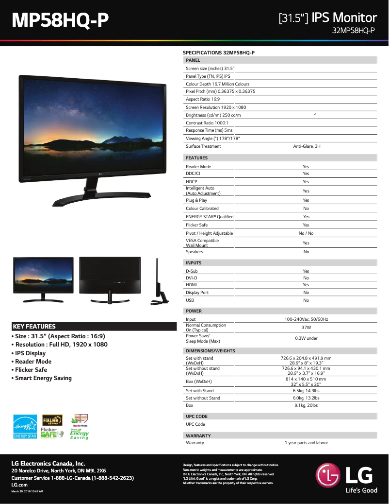 Página 1 del manual Ficha técnica LG 32MP58HQ-P