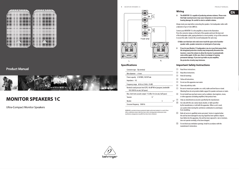 Page 1 de la notice Manuel utilisateur Behringer Monitor speakers 1C