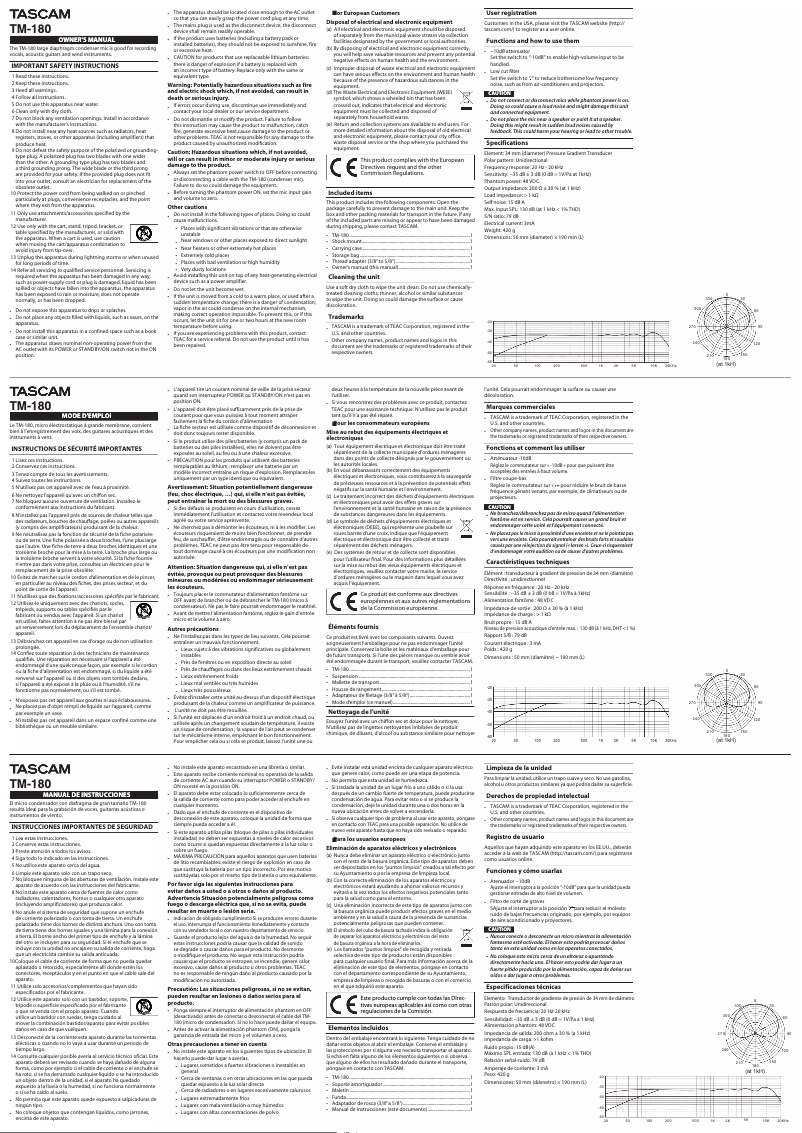 Page 1 de la notice Manuel utilisateur Tascam TM-180