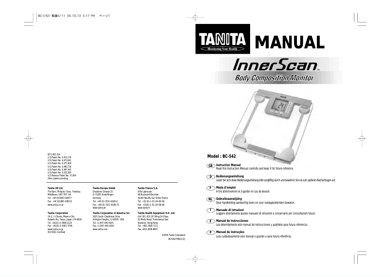 Page 1 de la notice Manuel utilisateur Tanita InnerScan BC-542