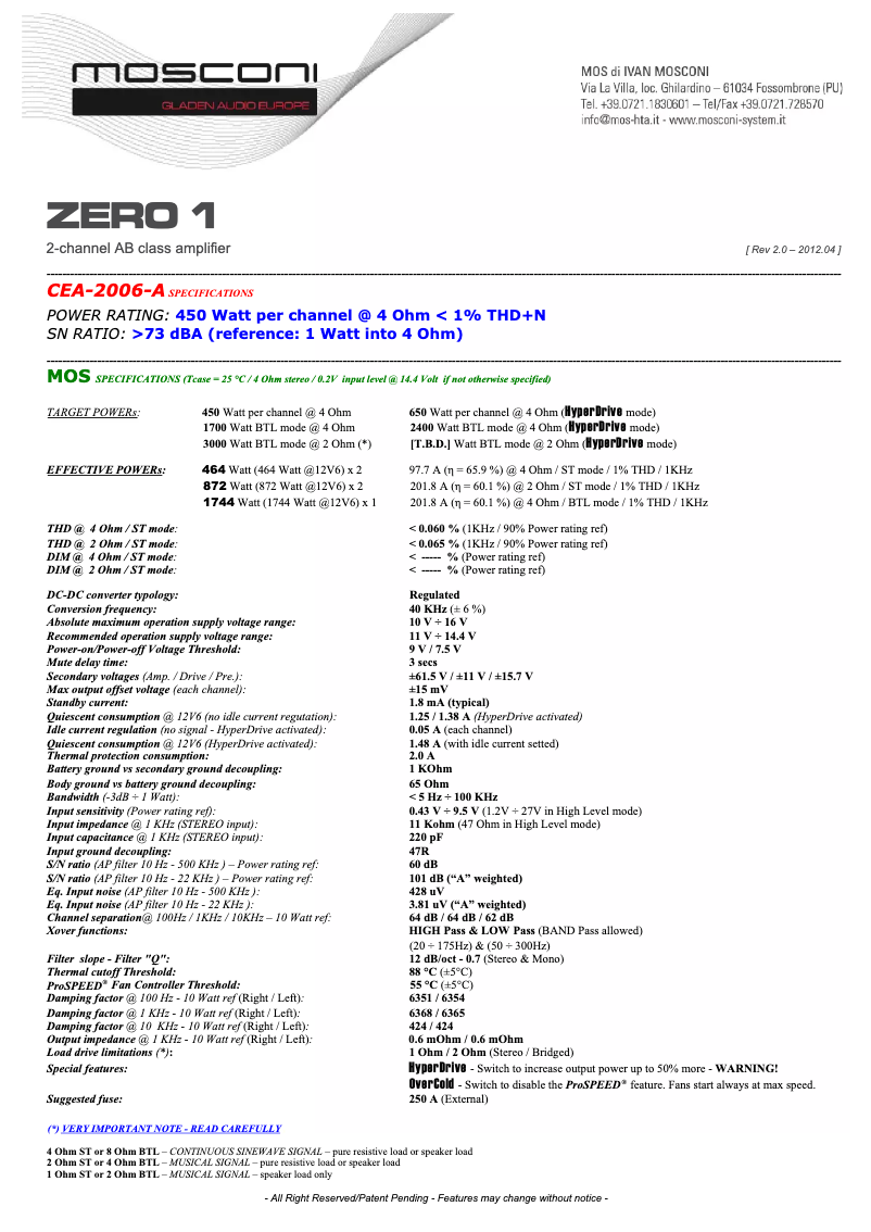 Página 1 del manual Ficha técnica Mosconi ZERO 3