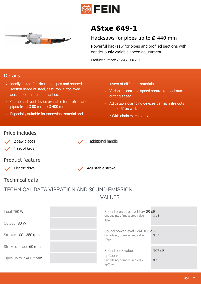 Page n°1 - Fiche technique Fein AStxe 649-1