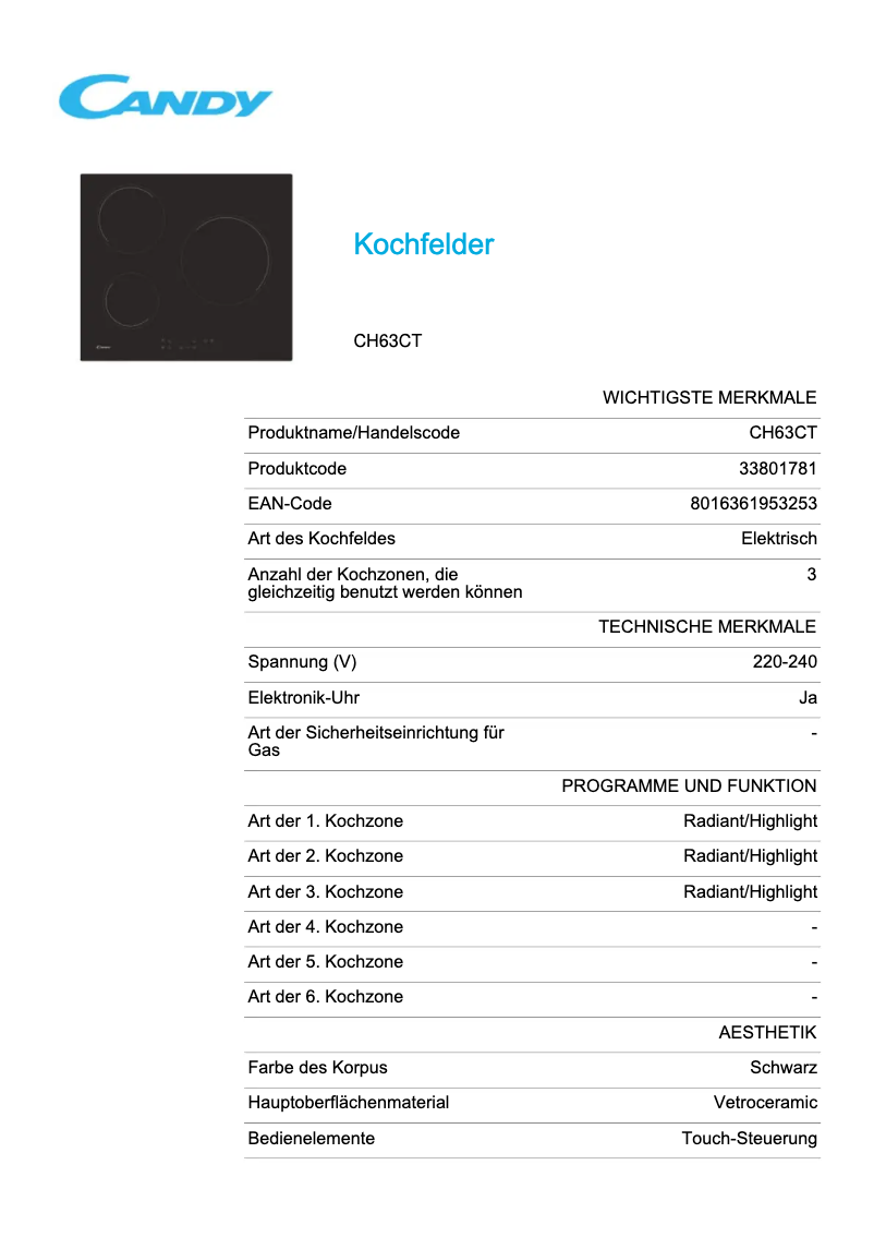 Page 1 de la notice Fiche technique Candy CH63CT
