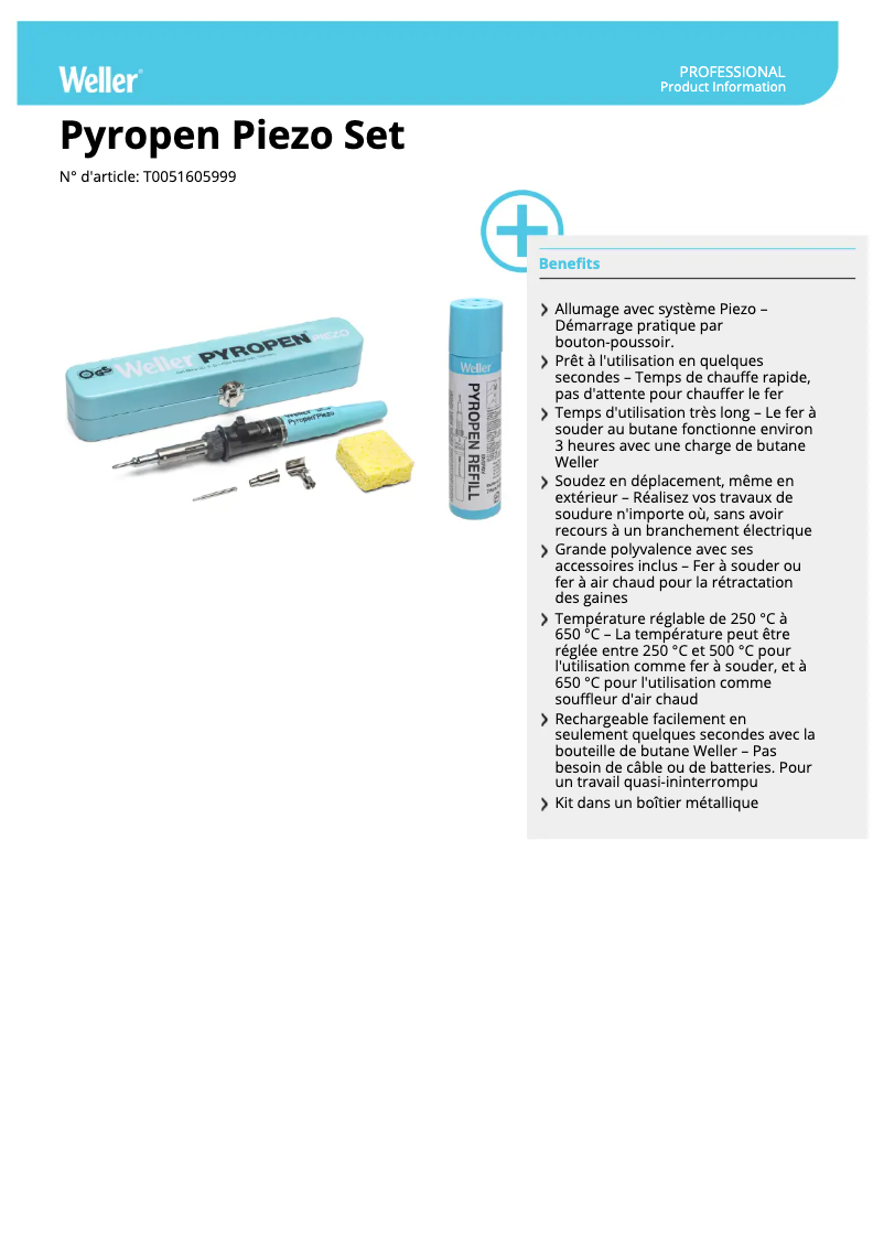 Page 1 de la notice Fiche technique Weller Pyropen Piezo