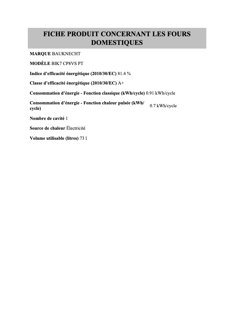 Page 1 de la notice Fiche technique Bauknecht BIK7 CP8VS PT