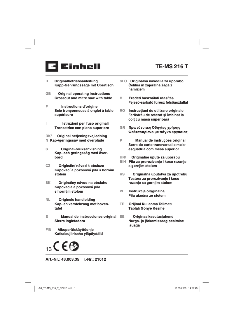 Page 1 de la notice Manuel utilisateur Einhell TE-MS 216 T