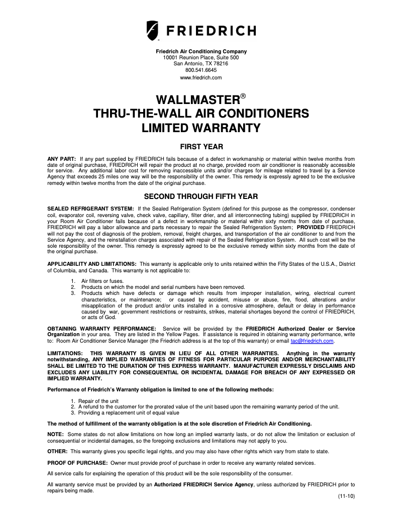 Page 1 de la notice Informations de garantie Friedrich WallMaster WET10A33A