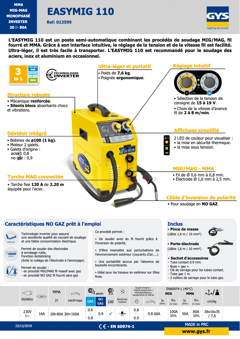 Page 1 de la notice Fiche technique GYS Easymig 110