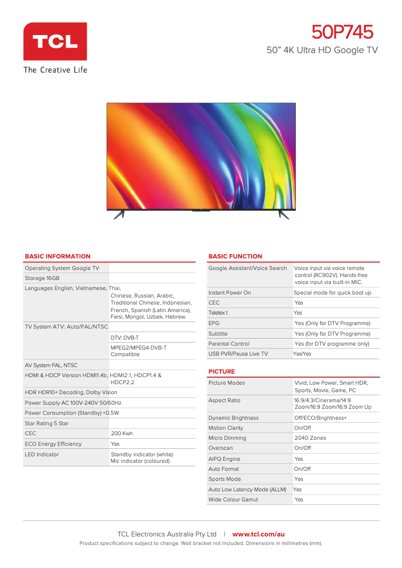 Page 1 de la notice Fiche technique TCL 50P745
