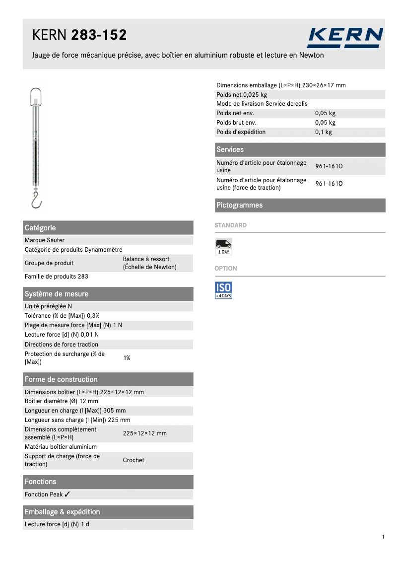 Page 1 de la notice Fiche technique Kern 283-152
