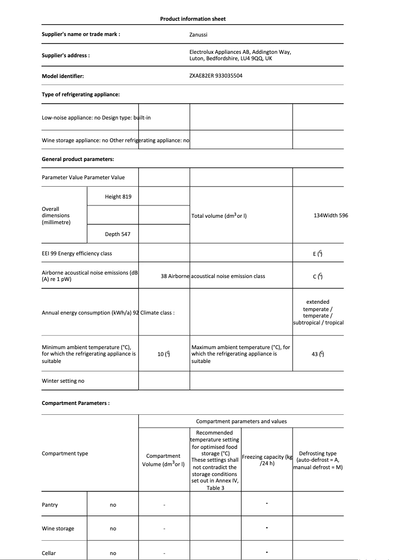 Page 1 de la notice Fiche technique Zanussi ZXAE82ER