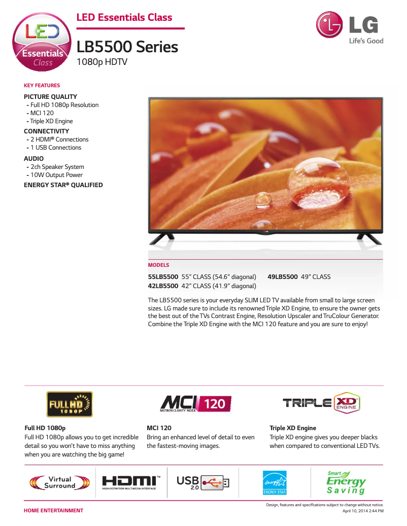 Page 1 de la notice Fiche technique LG 42LB5500