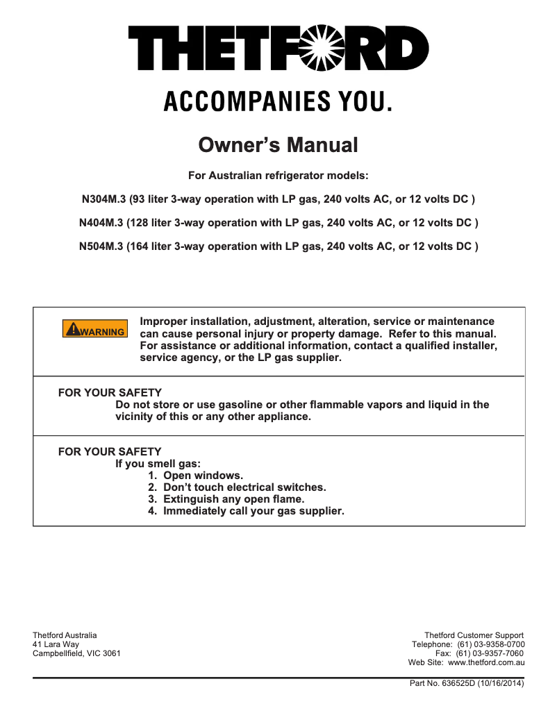 Page 1 de la notice Manuel utilisateur Thetford N504M.3