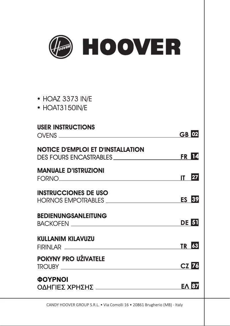 Page n°1 - Manuel utilisateur Hoover HOAT3150IN/E