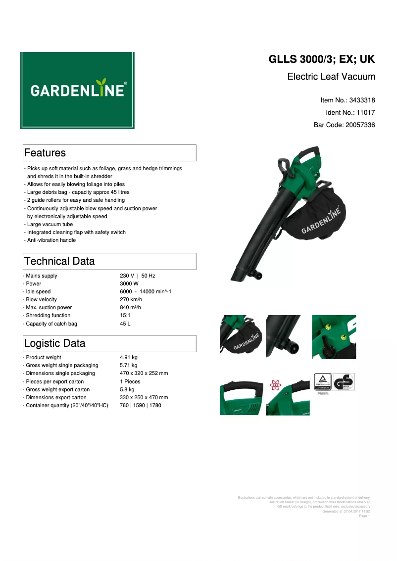 Página 1 del manual Ficha técnica Gardenline GLLS 3000/3