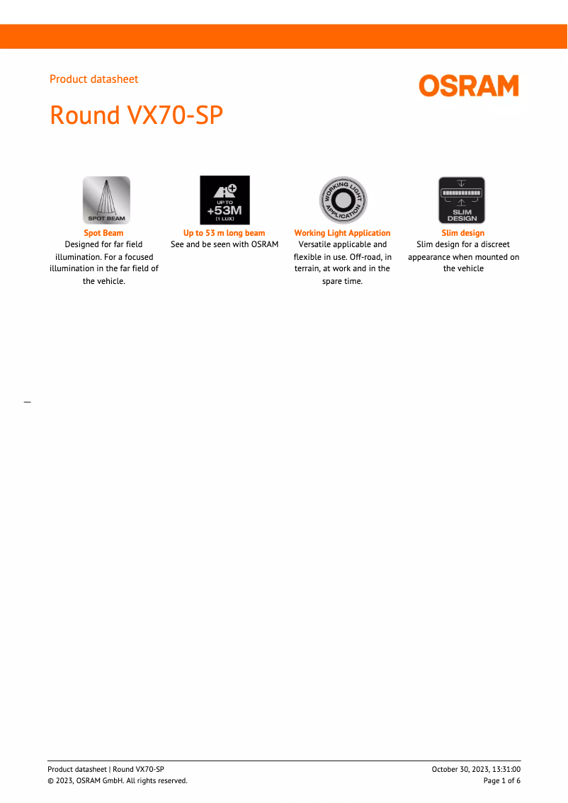 Page 1 de la notice Fiche technique Osram LEDriving Round VX70-SP