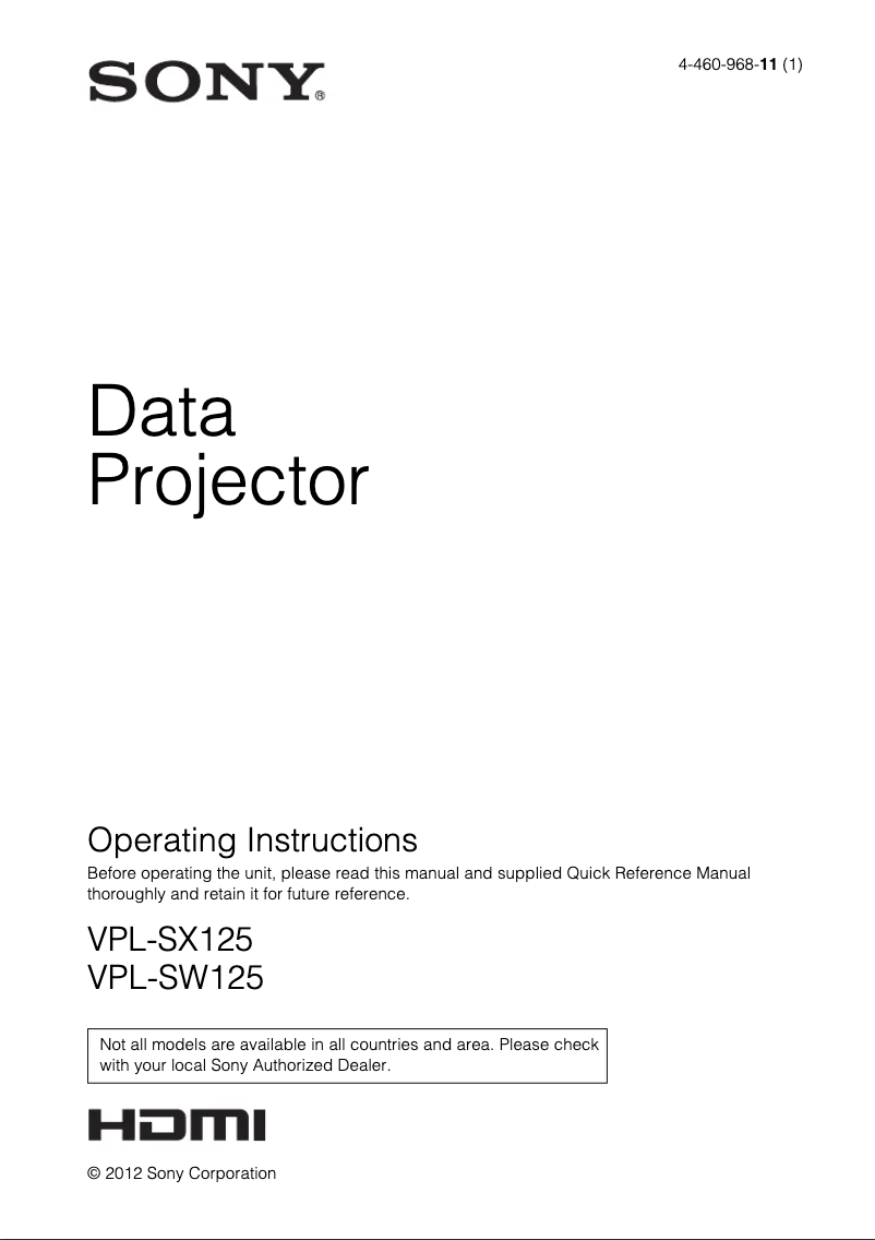 Page 1 de la notice Manuel utilisateur Sony VPL-SW125