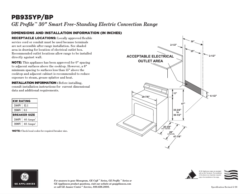 Page 1 of the manual Technical Sheet GE PB935BPTS