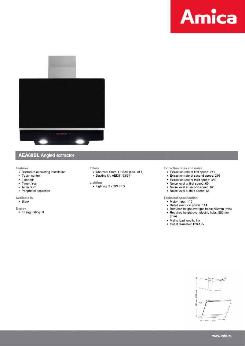 Page n°1 - Fiche technique Amica AEA60BL