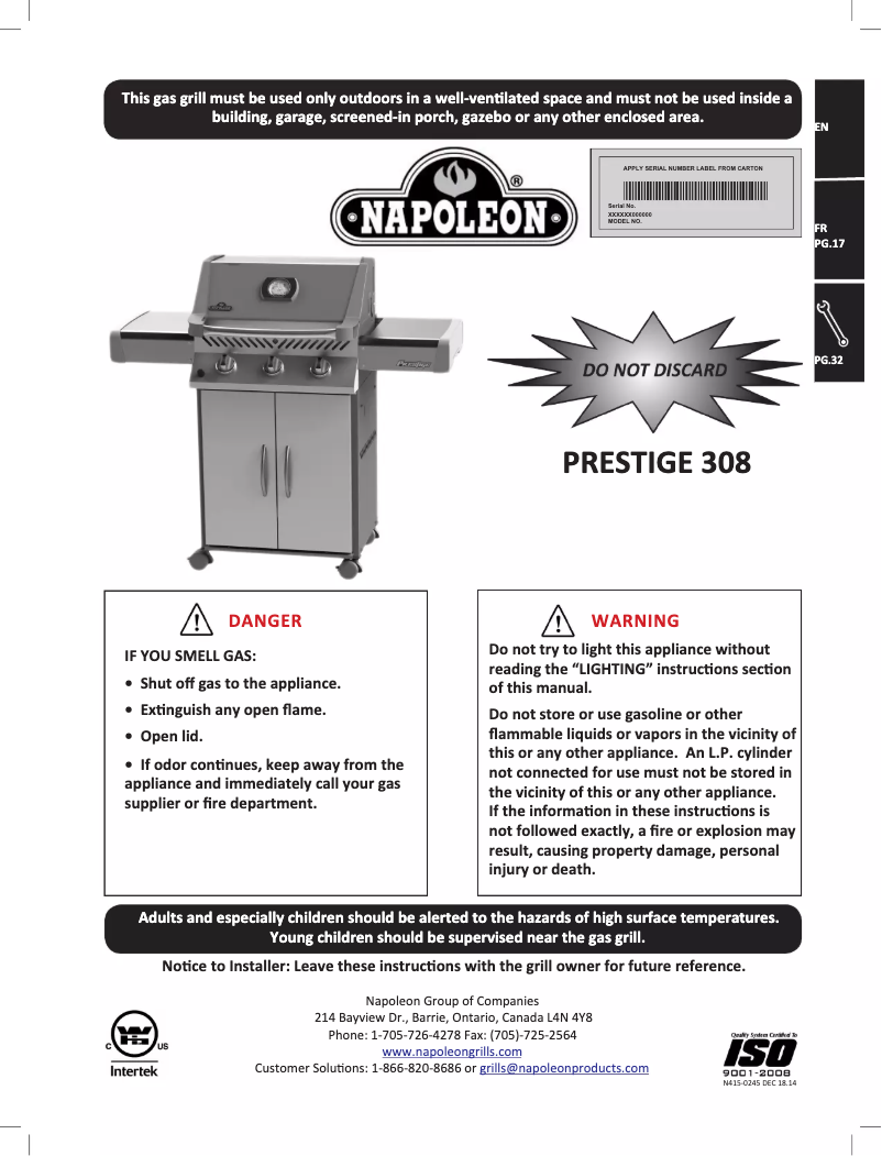 Page n°1 - Manuel utilisateur Napoleon Prestige 308