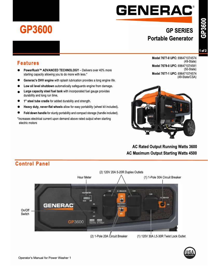 Page n°1 - Fiche technique Generac GP Series 3600