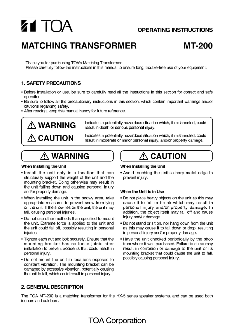 Page 1 de la notice Manuel utilisateur TOA MT-200