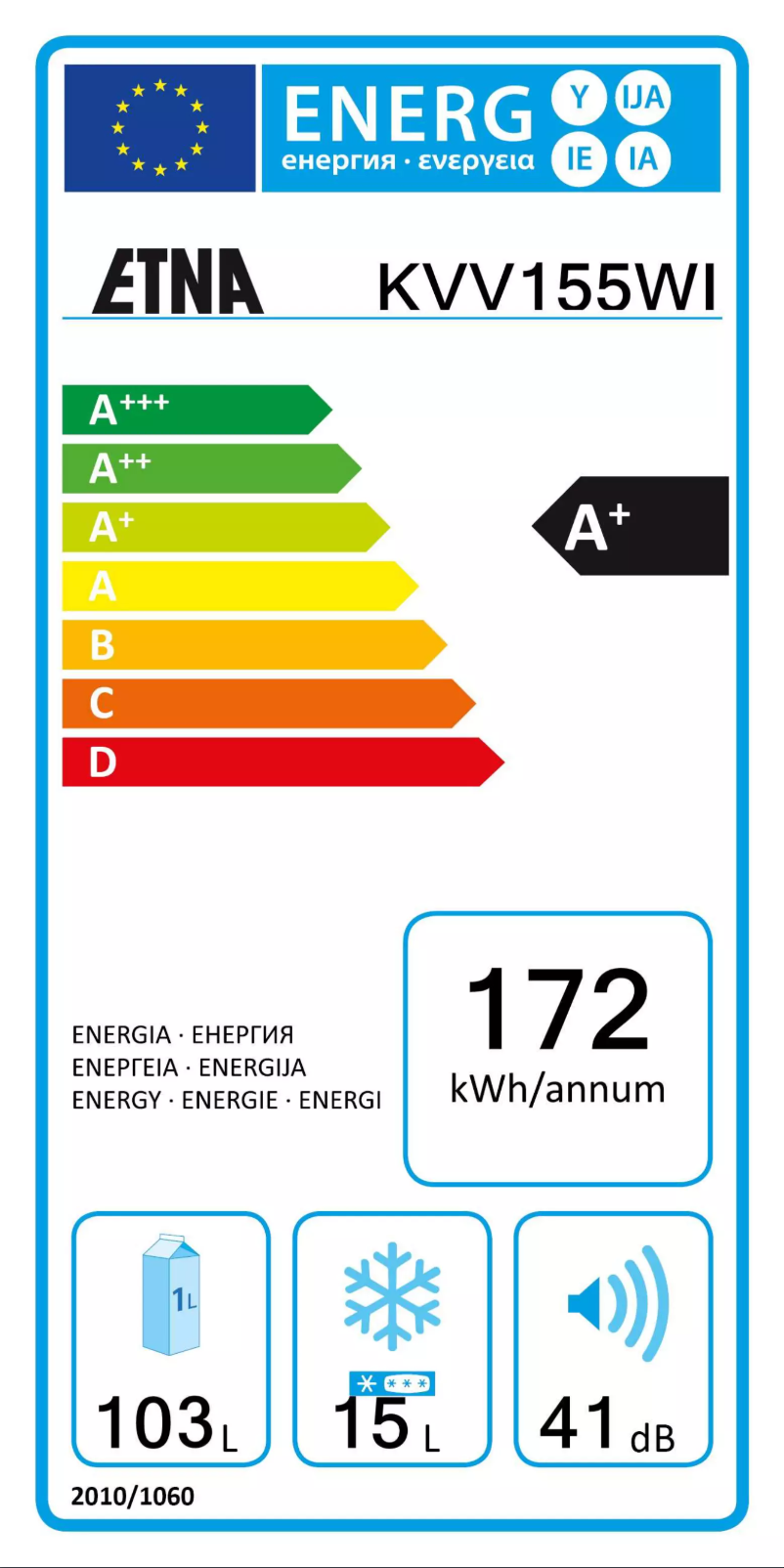 Page 1 de la notice Label énergétique Etna KVV155WIT