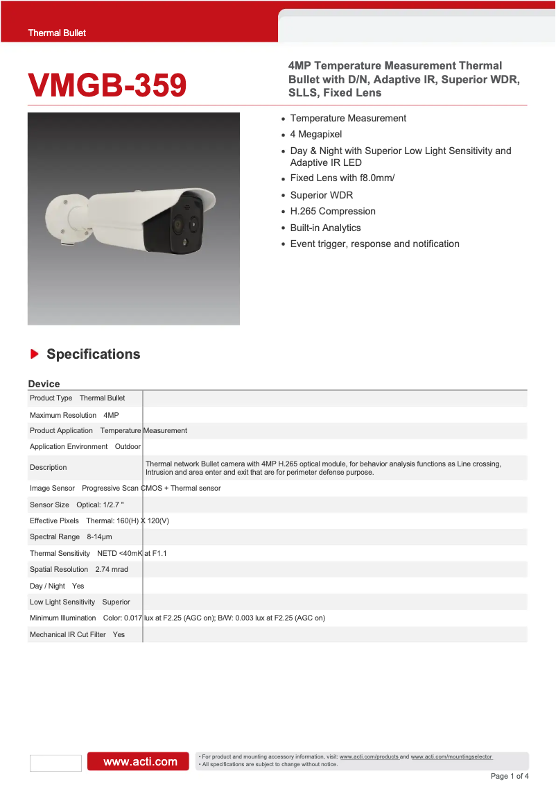 Page 1 de la notice Fiche technique ACTi VMGB-359