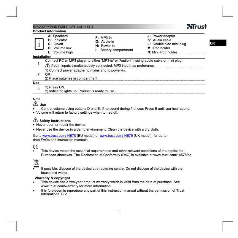 Page 1 de la notice Manuel utilisateur Trust SP-2920P