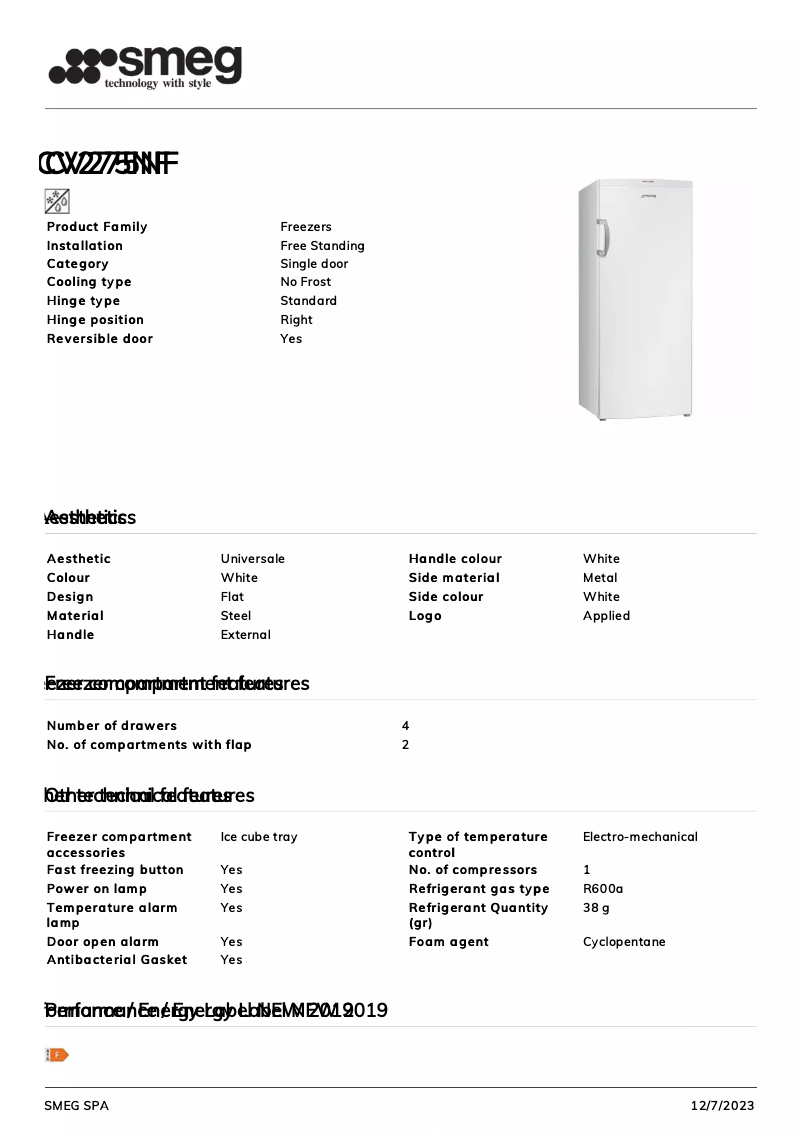 Page 1 de la notice Fiche technique Smeg CV275NF