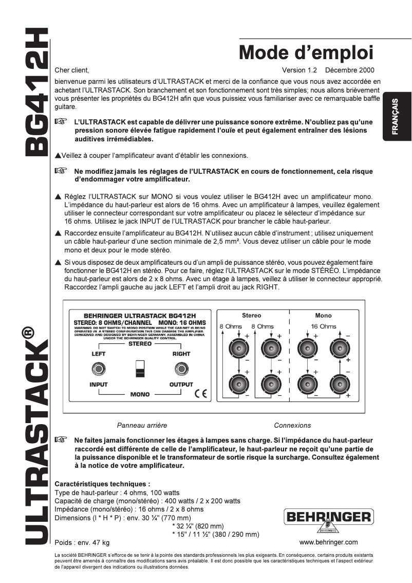 Page n°1 - Manuel utilisateur Behringer UltraStack BG412H