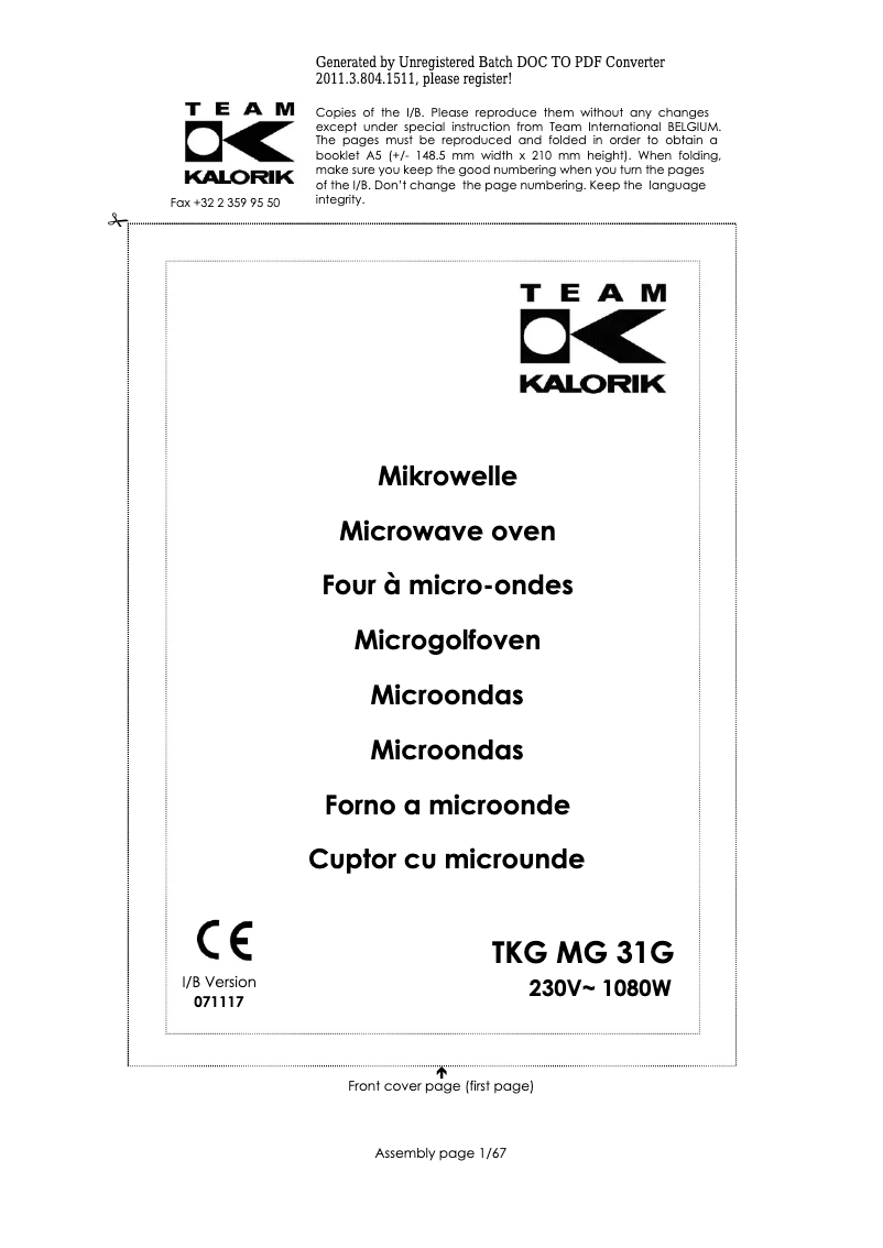Page 1 de la notice Manuel utilisateur Kalorik TKG MG 31 G