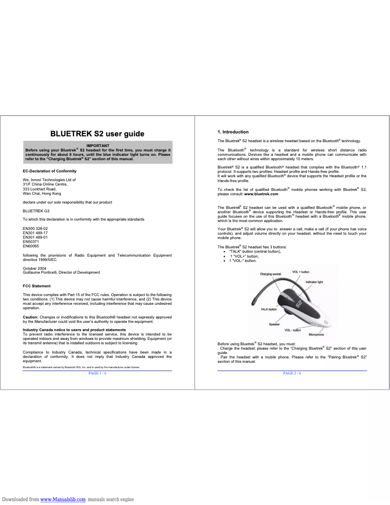 Page 1 de la notice Manuel utilisateur Bluetrek S2