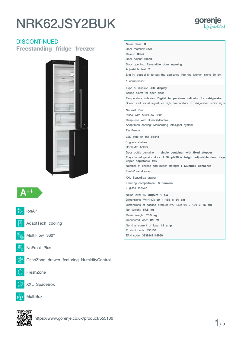 Page n°1 - Fiche technique Gorenje NRK62JSY2BUK