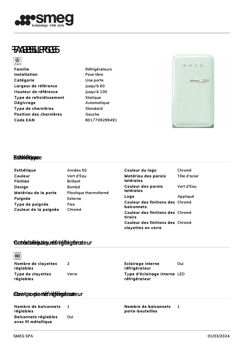 Page n°1 - Fiche technique Smeg FAB5LPG5